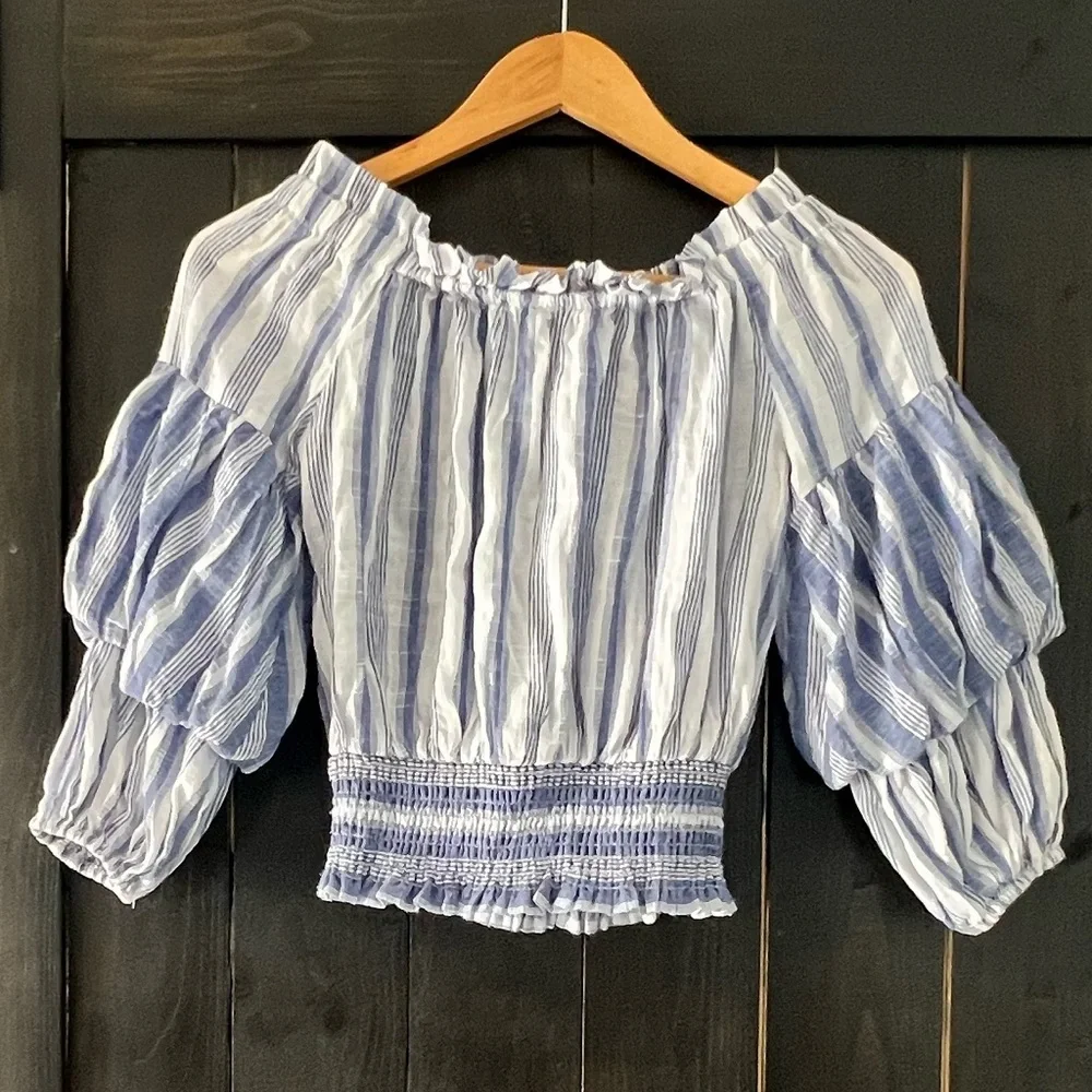 SUBOO blue and white striped off the shoulder top - Picture 4 of 6